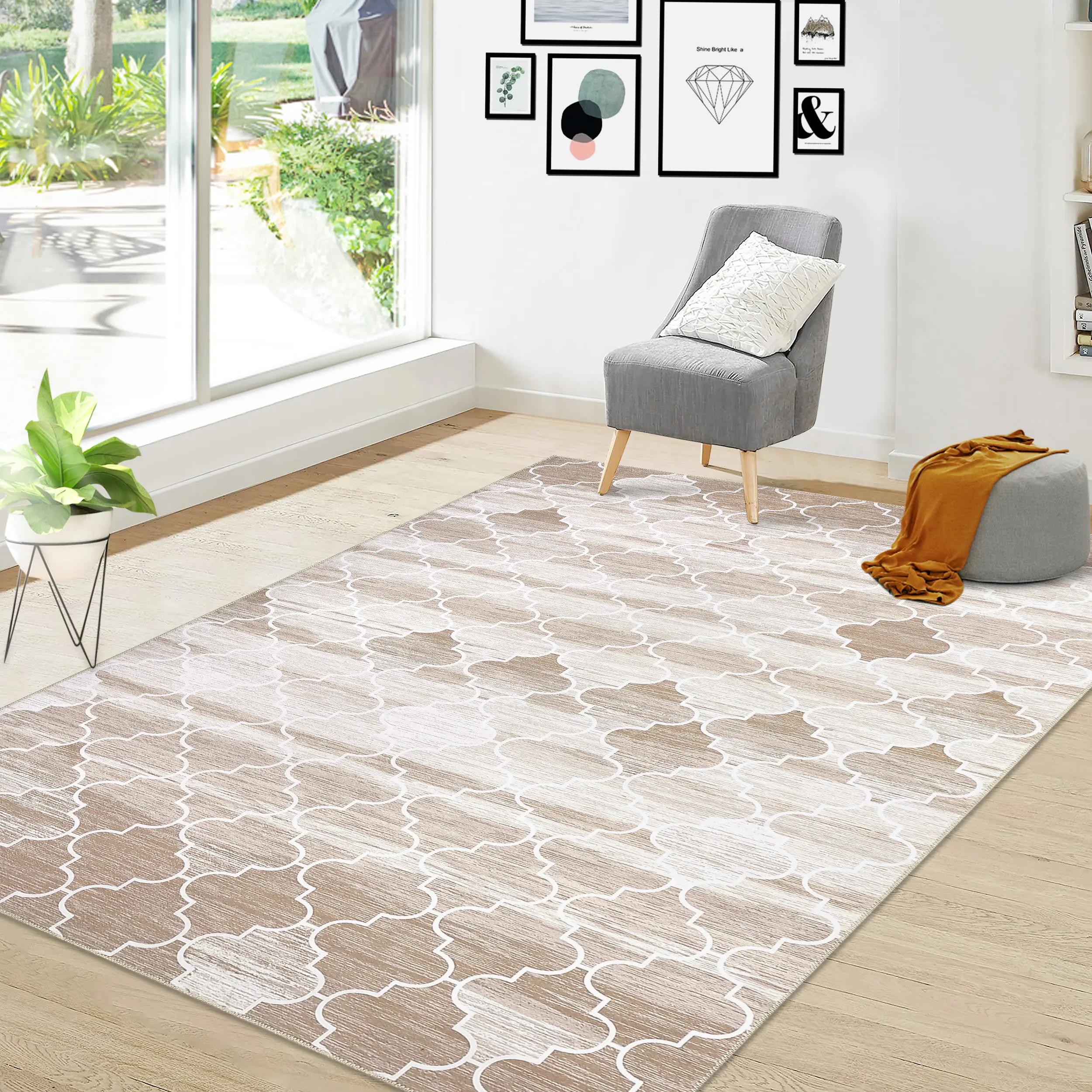 Machine Washable Area Rug 5x7 Modern Geometric Non-Slip Stain Resistant Accent Rug Carpet for Living Room Bedroom, Taupe Contemporary Low Pile Recycled Polyester, Skid-Resistant TPR Backing, Foldable Easy Care