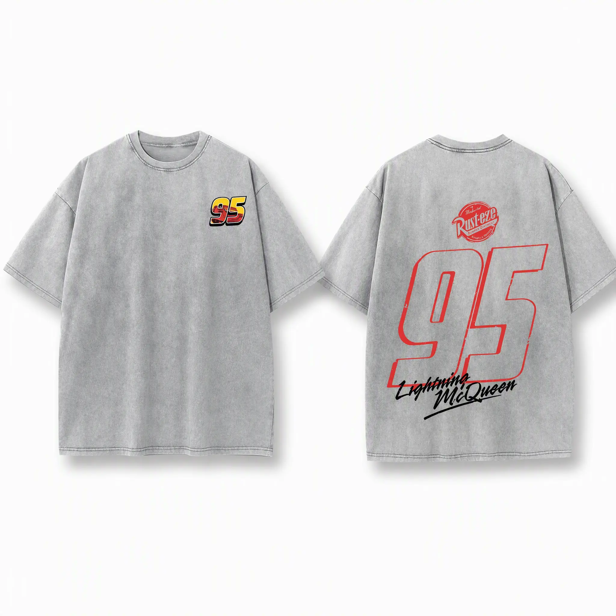 Retro Washed Gray Oversized T-Shirt, "95" Racing Number & Red Logo Graphic Print, Casual Crew Neck Streetwear for Men & Women, Ideal Daily Outdoor & Race Inspired Wear