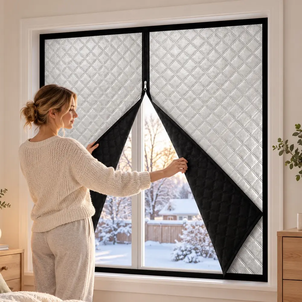 Winter Thermal Insulated Window Curtain, Thickened Blackout Draft Blocker with Zipper, Self-Adhesive No-Drill Window Cover