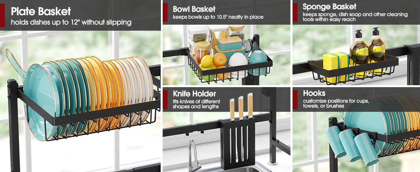 Over The Sink Dish Drying Rack - Adjustable 2 Tier Large Capacity Stainless Steel Drainer with Cutlery & Utensil Holders, Kitchen Storage & Organization, 30"-33.9" L x 11" W x 21.5" H, Black