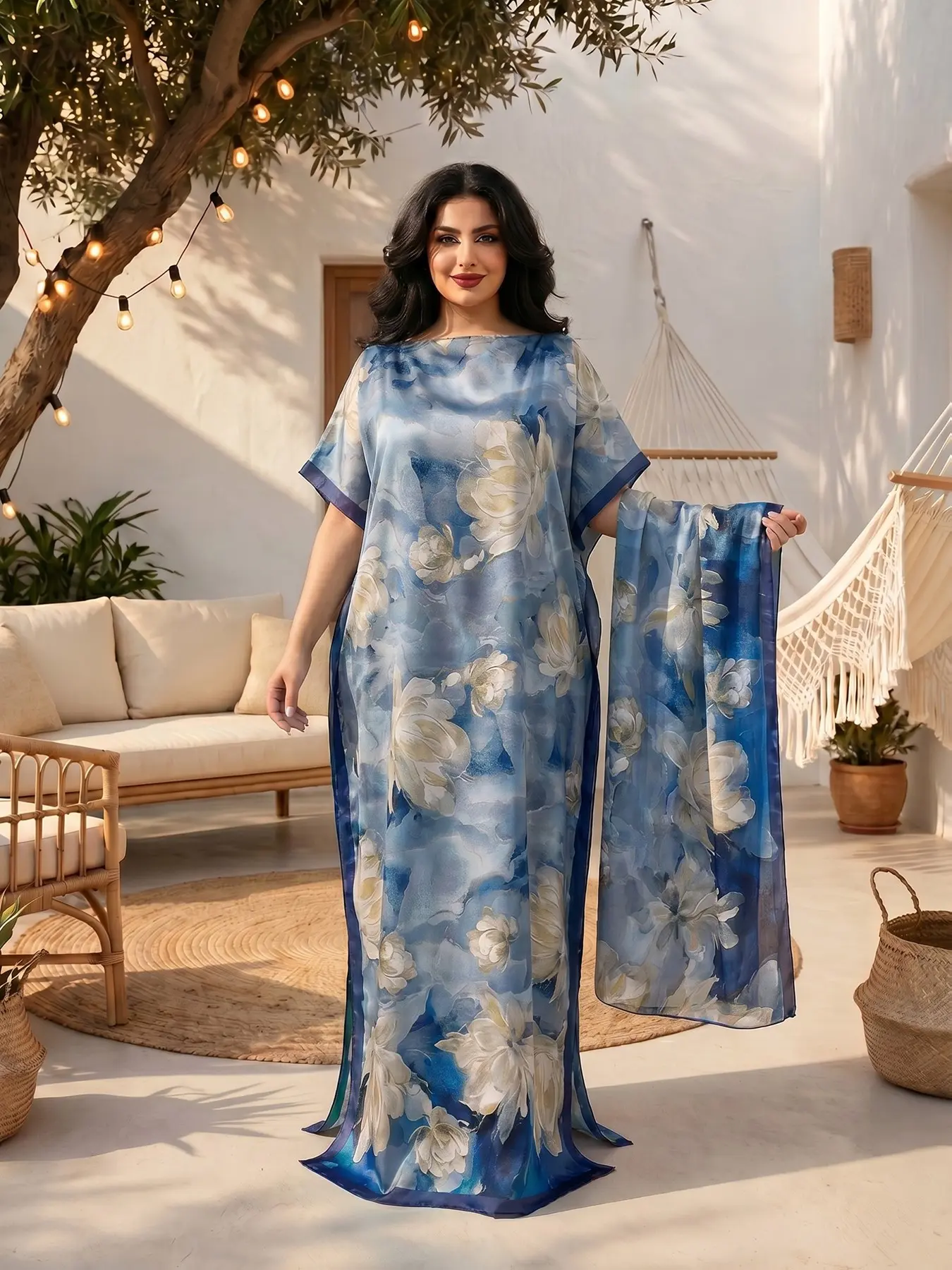2-Piece Watercolor Blue Floral Silky Caftan Dress Set with Scarf, Women's Elegant Printed Maxi Dress, Loose Fit Plus Size Resort Wear