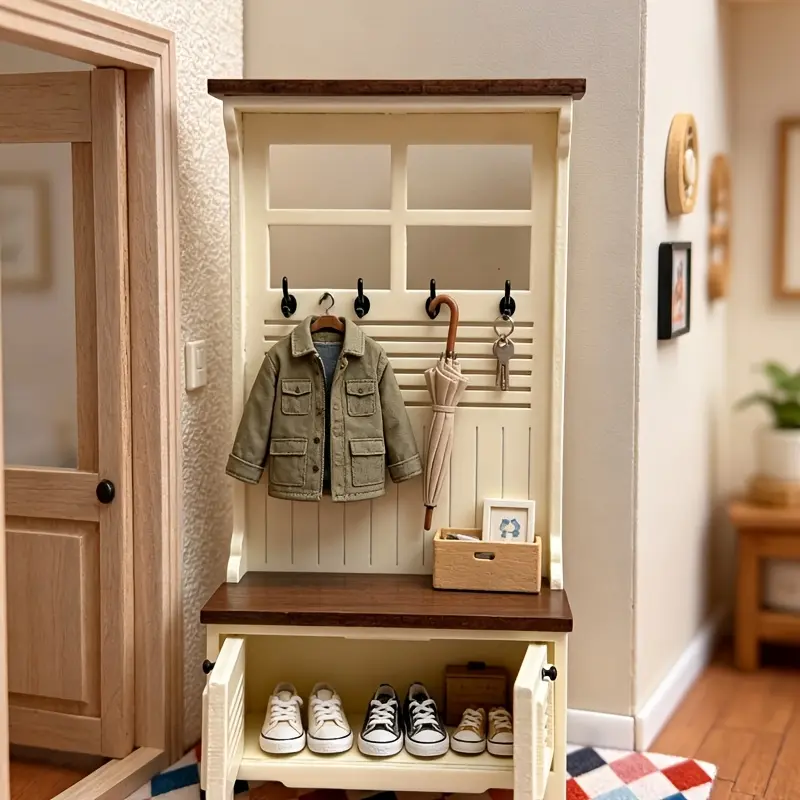 Miniature Cream Entry Cabinet Dollhouse Mini Vertical Cabinet Micro Scene Furniture Shoe Cabinet Wooden Dollhouse Model Decor Christmas Easter New Year Gift