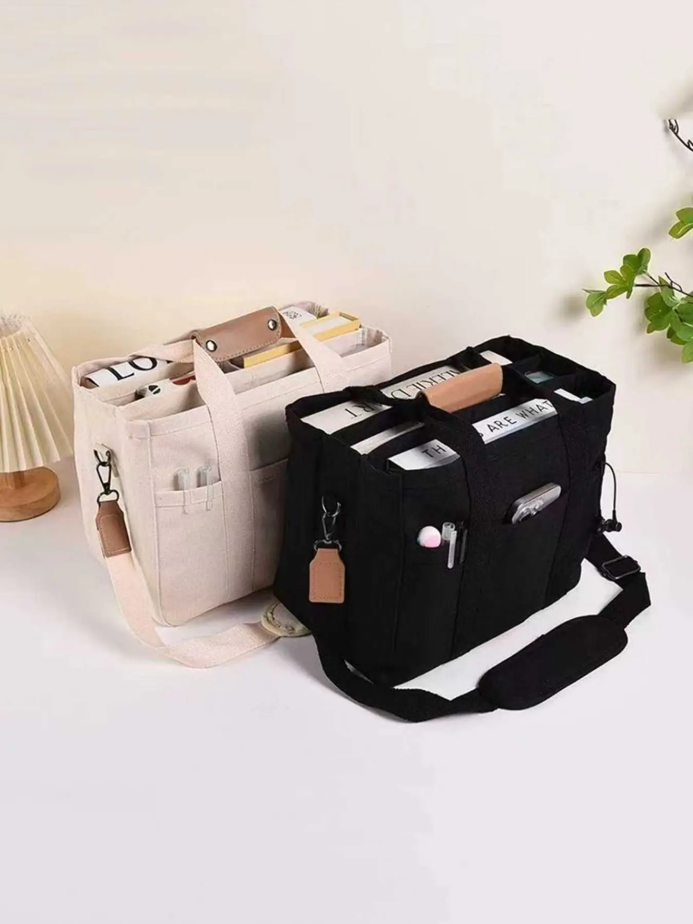 Multi‑Pocket Canvas Tote Bag, Large Capacity Work Teacher Bag, Detachable Shoulder Strap Utility Canvas Handbag, Casual Laptop Travel Shoulder Bag for School Office