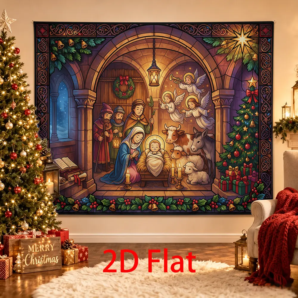 Nativity Christmas Backdrop with Holy Family, Angels, Shepherds, Manger, Animals and Church Arch Scene