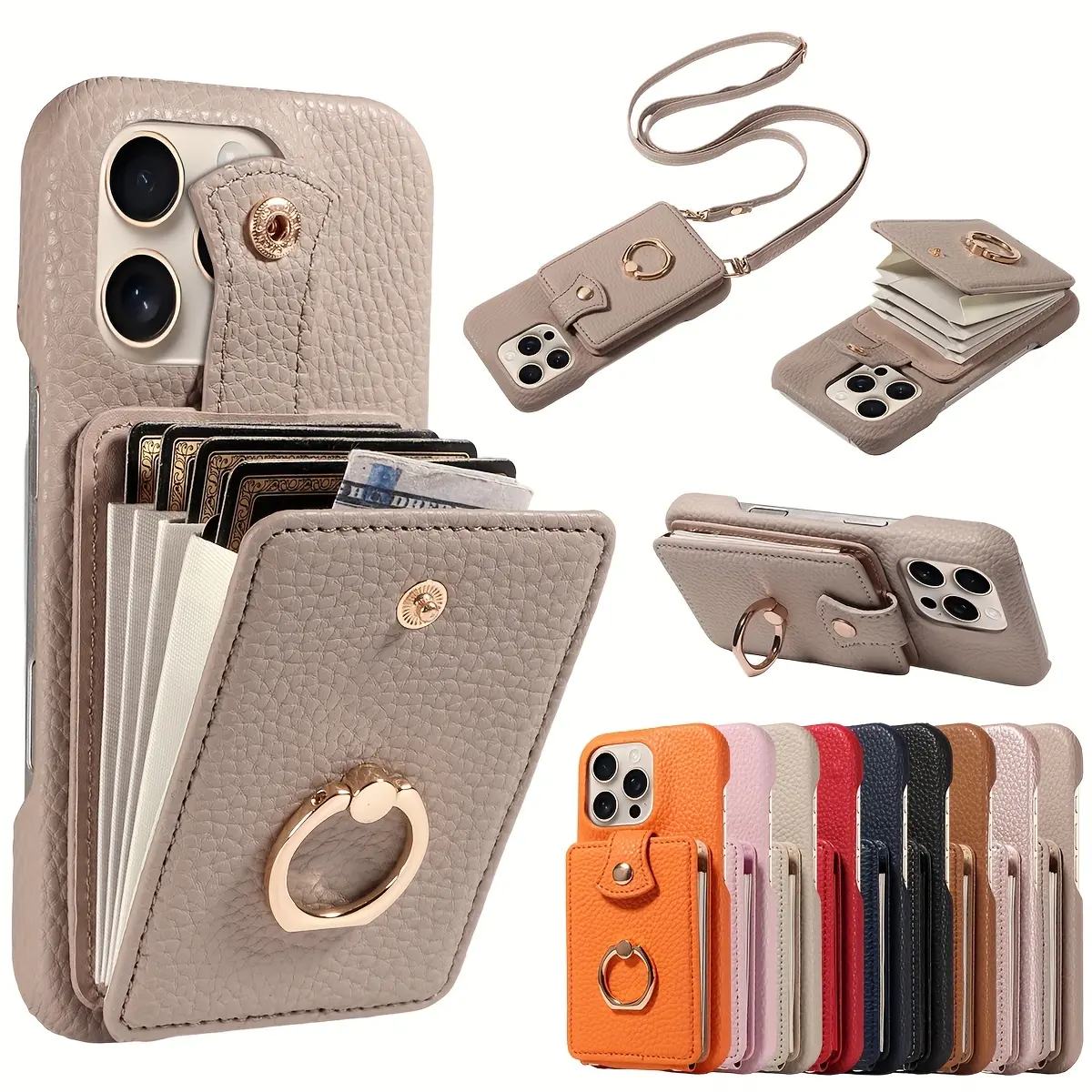 Synthetic Leather Accordion Flip Phone Case with Ring Stand, Crossbody Strap, Lanyard, Multi-Card Slots, Drop-Proof Protection for iPhone 17 Pro Max/17e/16/15/14/13/12/11 - Mobile Phone Accessories for iPhone Series