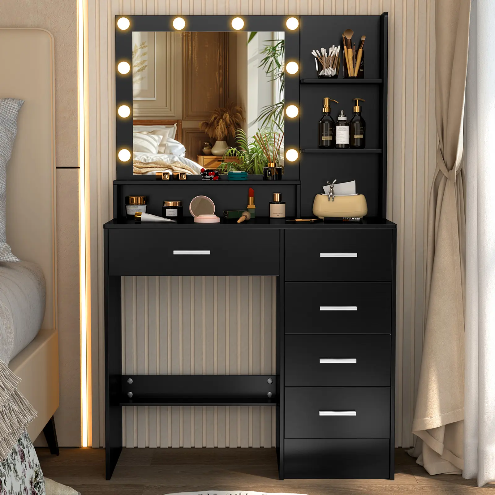 Black Vanity Desk Set - Light-Up LED Makeup Vanity with Mirrored Surface and 5 Drawers, Indoor Furniture, Light-Up Led Makeup Vanities compact vanity desk