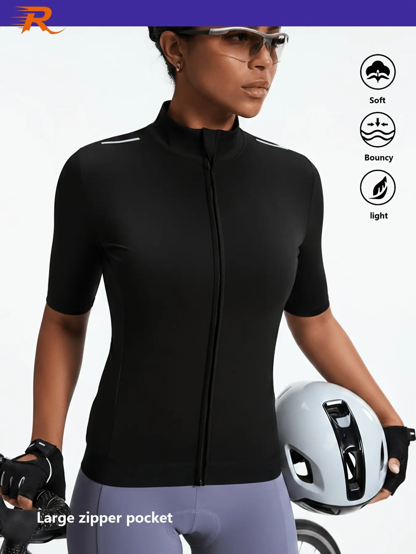 Women's Elegant Zipper Cycling Short Sleeve Top, Sports Tops, Large Pockets, Back Design, Night Riding Apparel, Comfortable and Stylish