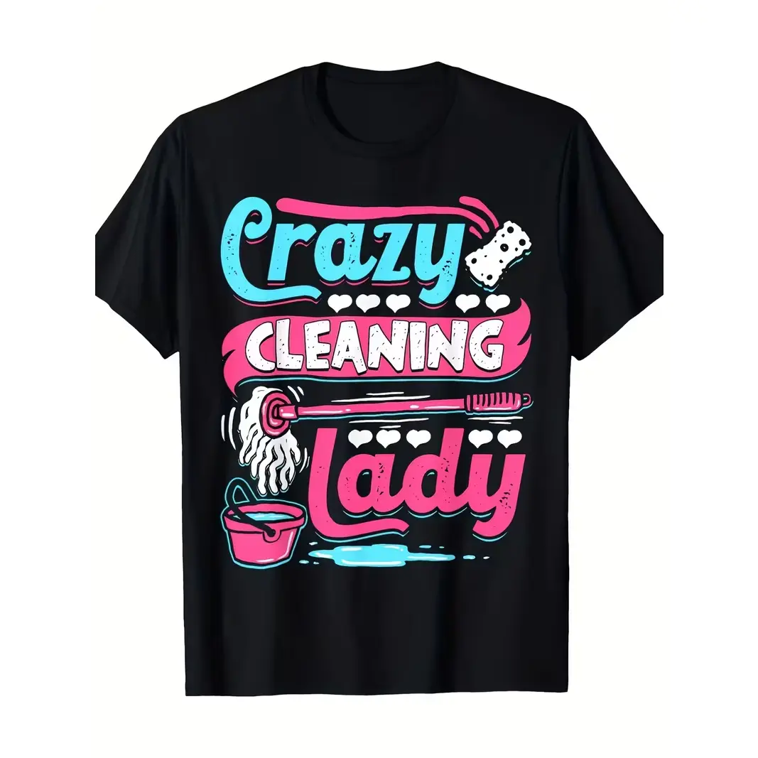 Retro Housekeeper Print T-Shirt - Funny Cleaning Lady Graphic Tee, Casual Round Neck Short Sleeve Top for Adults, Machine Washable Retro Design for Cleaning Services & Housekeeper Gifts, Regular Fit Unisex Tee