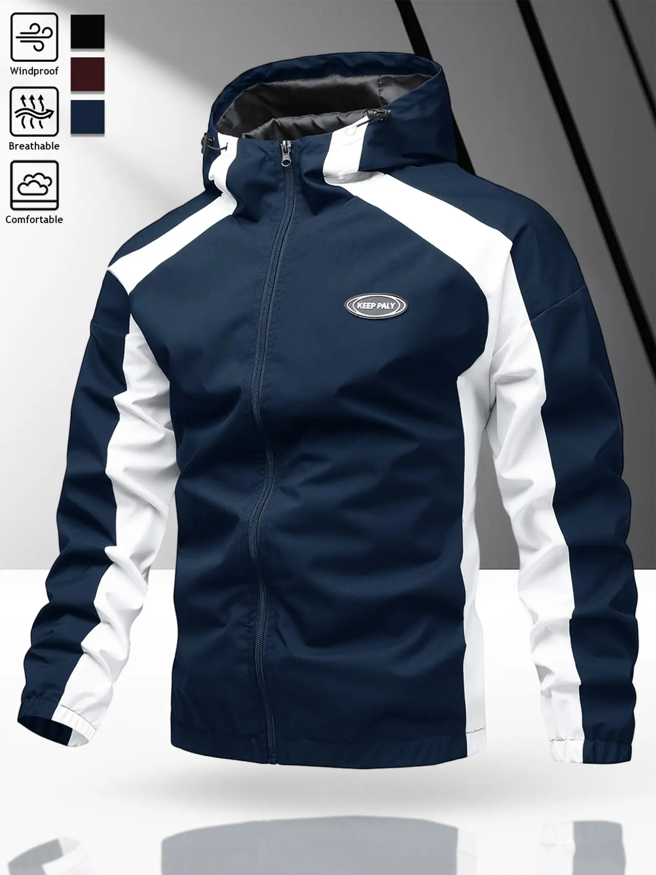 Men's Hooded Colorblock Jacket, Elastic Sleeve Cuffs, Chest Print, Outdoor Casual Sport Jacket, Suitable for All Seasons, Casual Sportswear Jacket