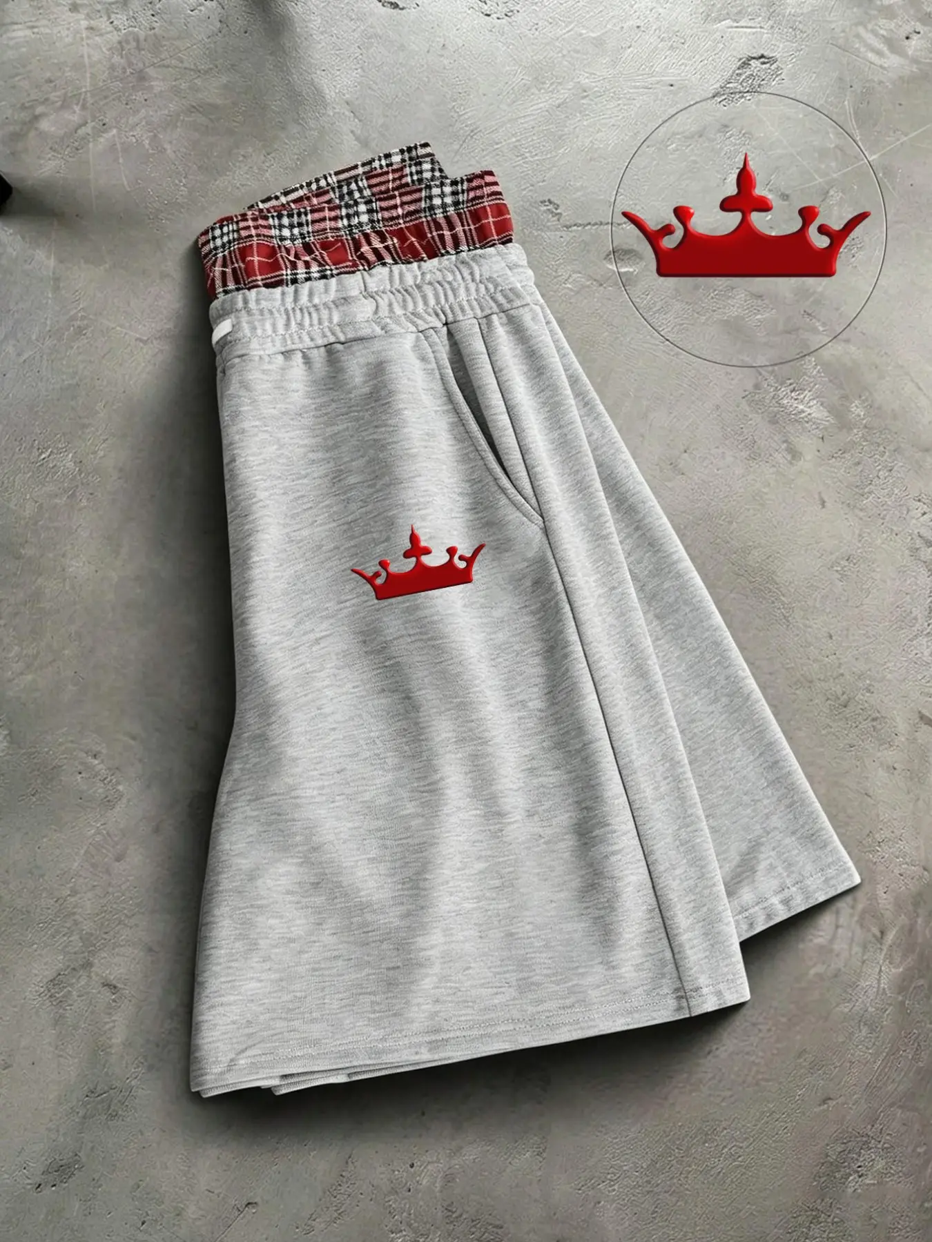 Men's shorts, grey double-check plaid casual shorts with a crown print at the waist | Millennial preppy street style shorts