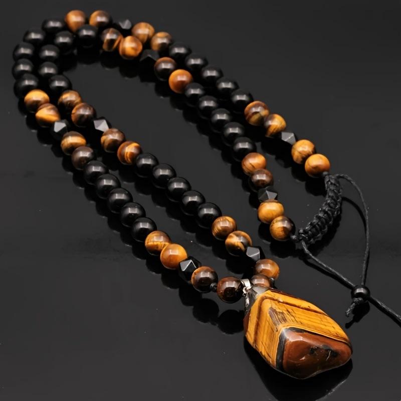 Trendy tiger's eye irregular pendant necklace, black onyx patchwork, retro cool unisex statement jewelry