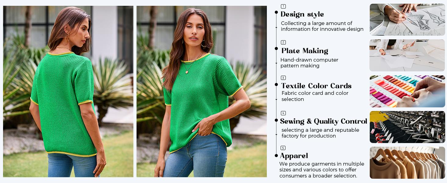 Saodimallsu Womens Puff Short Sleeve Sweater Tops Spring Summer Color Block Ribbed Knit Crew Neck Going Out Shirts SpringStatements