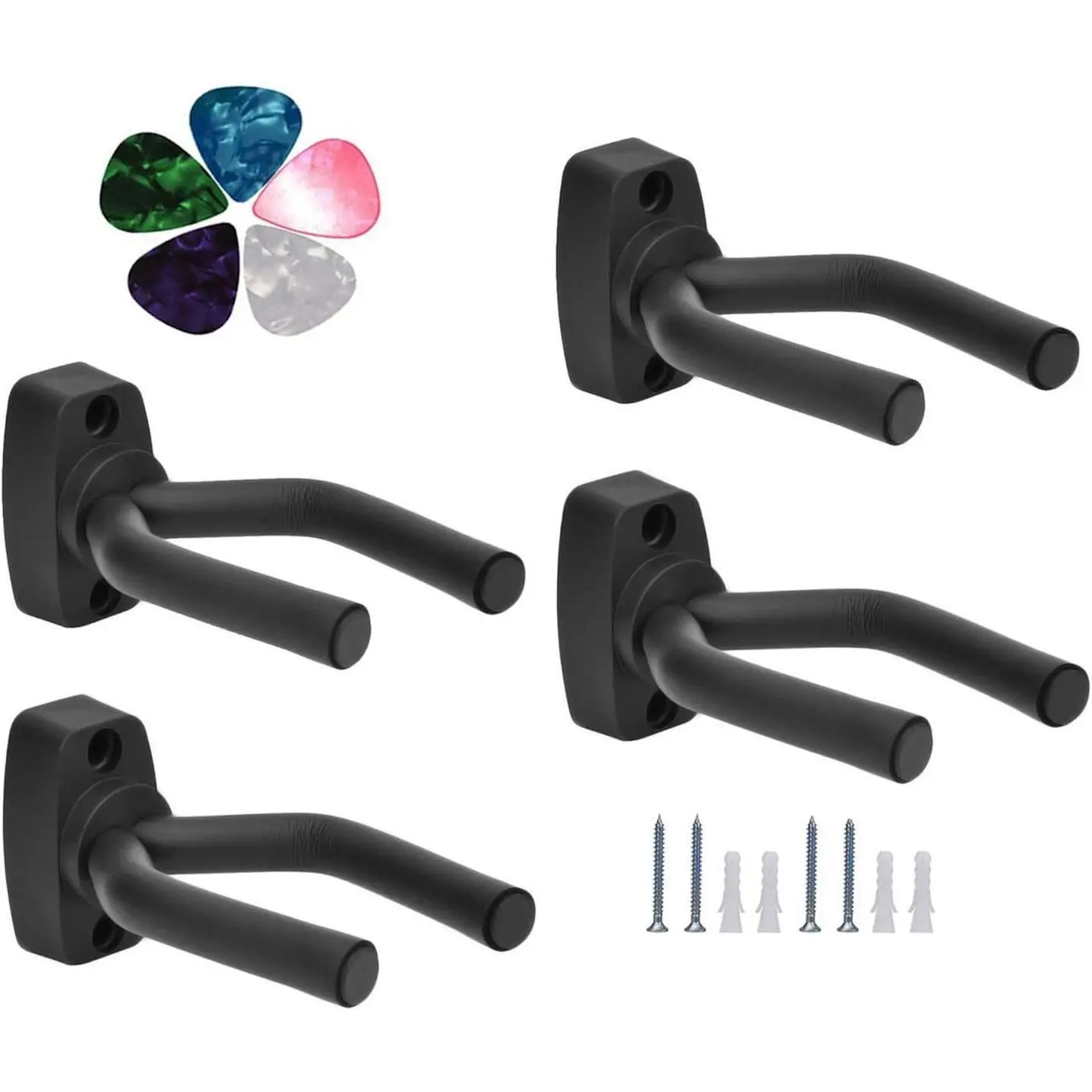 Guitar Mount Wall Hanger Stand Ukulele Wall Hook Keep Holder Mount Display 4 Pack with Guitar Picks Violin Wall Stand Mandolin Rack Bracket Bass Accessories Easy To Install(5 pack guitar picks)