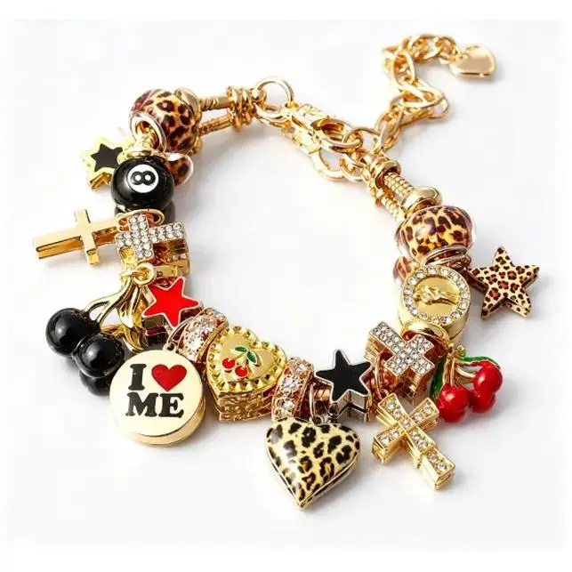 Women's Y2K Punk Charm Stretch Bracelet - Gold-Tone Non-Magnetic Bakelite Beaded Jewelry with Cherry, Leopard Star, 8-Ball, Cross, Heart Jade Pendants, Adjustable Streetwear Couple Gift