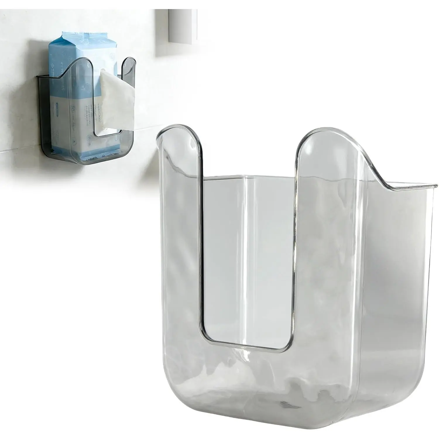 Wipe Dispenser Flushable Wipe Holder Storage for Bathroom Clear Wall-Mounted Tissue Box, Non-Slip Wipe Dispenser for Bathroom Kitchen Bedroom (Transparent Gray)