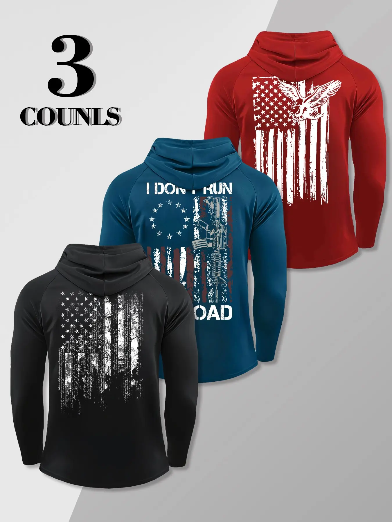 American Distressed Flag Eagle Gun Slogan Double Print Compression Tops Hooded Long Sleeve 3 Pack, Quick Dry Stretch Tactical Gym Slim Hoodie