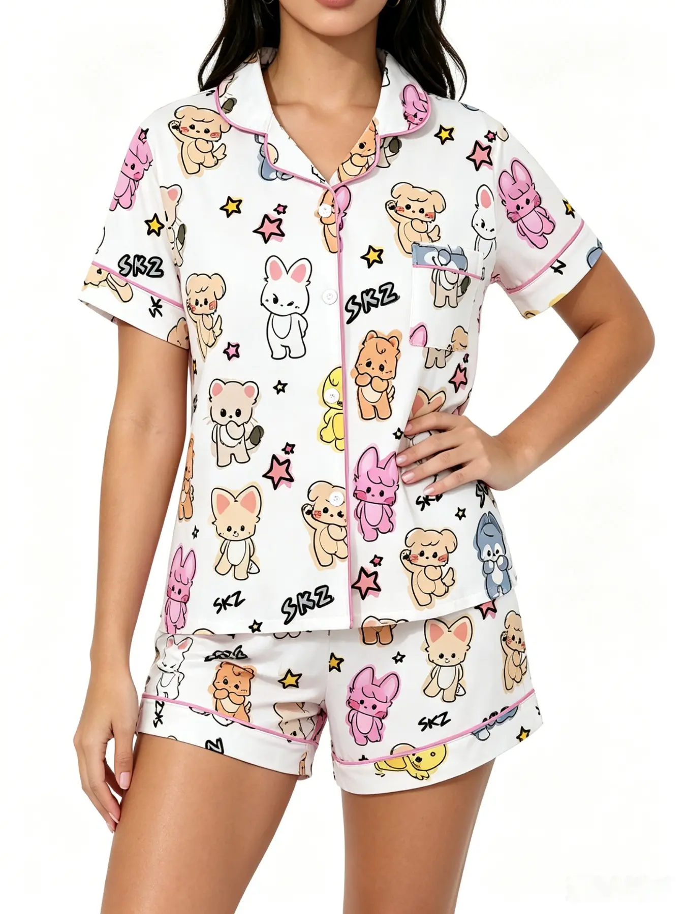 Adorable Cartoon Animal Print Pajama Set, Soft Short Sleeve Button Top & Elastic Waist Shorts, Breathable Summer Sleepwear, Casual Home Loungewear Pyjamas