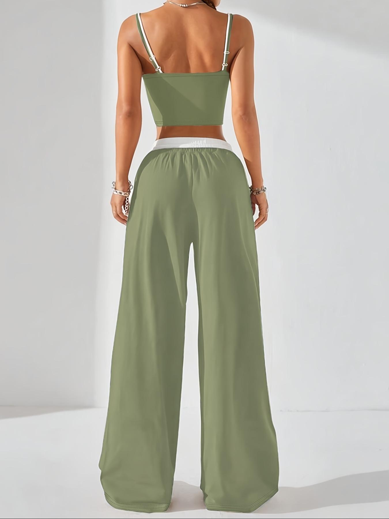 Two-Piece Set Women's Colorblock 2 in 1 Cami Top & Wide Leg Pants Set, Casual Sleeveless Top & Pocket Trousers, Ladies Summer Clothes, Casual Lounge Set, Stretchy Outfit Sets