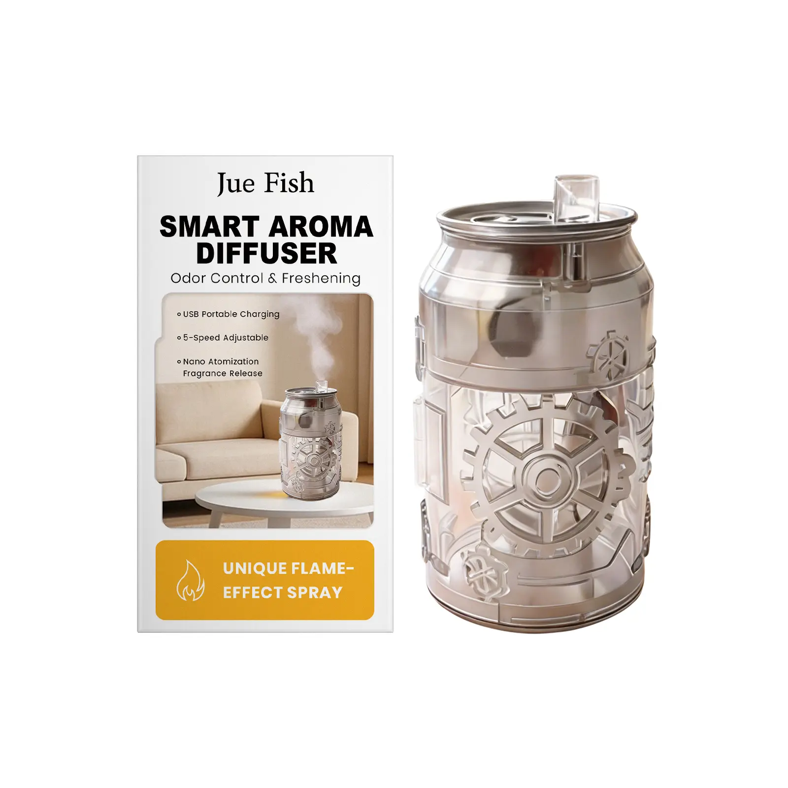 Jue Fish Easy-Open Tin Can Smart Aromatherapy Machine (Transparent Black) – Purifies Air, Creates a Fresh, Long-Lasting Fragrance in Bedrooms