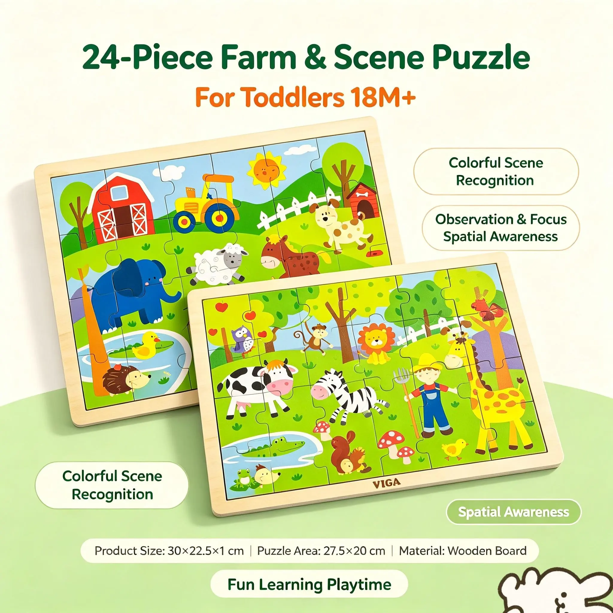 24 Pieces Farm Scene Wooden Jigsaw Puzzle for Toddlers, 30x22.5cm Educational Toy, Montessori Learning Game, Early Learning Gift for Kids