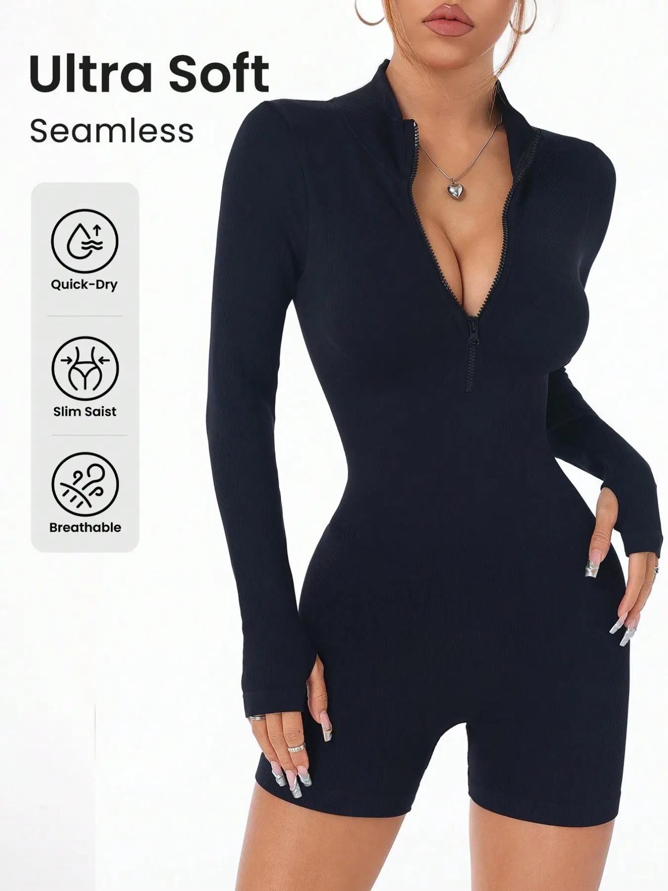 Zip Front Seamless Tummy Control Yoga Onesie Shorts Quick Dry Long Sleeve Gym Workout Jumpsuit Women Shaping Yoga Jumpsuit Zipper Yoga Jumpsuit