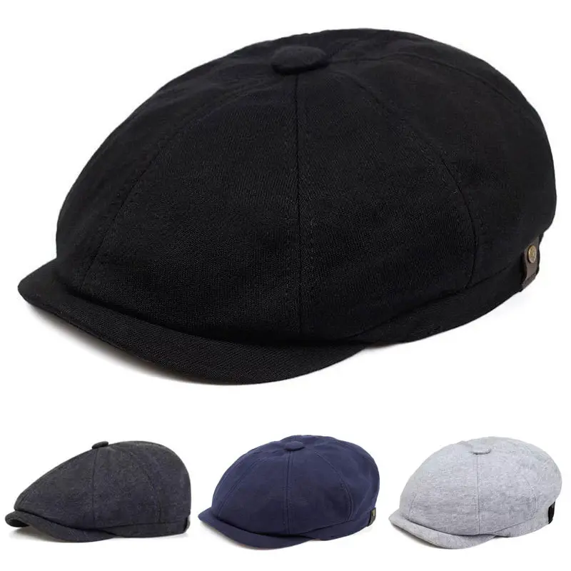 In Stock Unisex Vintage Solid Fabric Octagonal-Shape 8-Panel Newsboy Hat - British Look Flat Top Casual Wear Beret Cap (Sports & Outdoor Accessory)