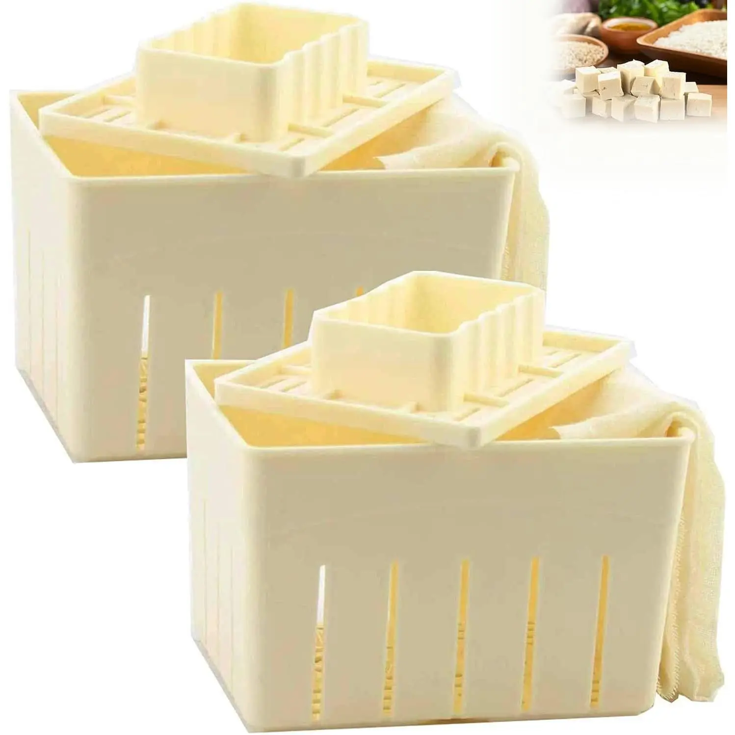 Tofu Press Mould, 2PCS Food Grade Plastic Tofu Maker Kit with Cheese Cloth DIY Homemade Tofu Maker, Cheese Press Mold, Soybean Curd Tools, Easy Pressing, Reusable Kitchen Accessories