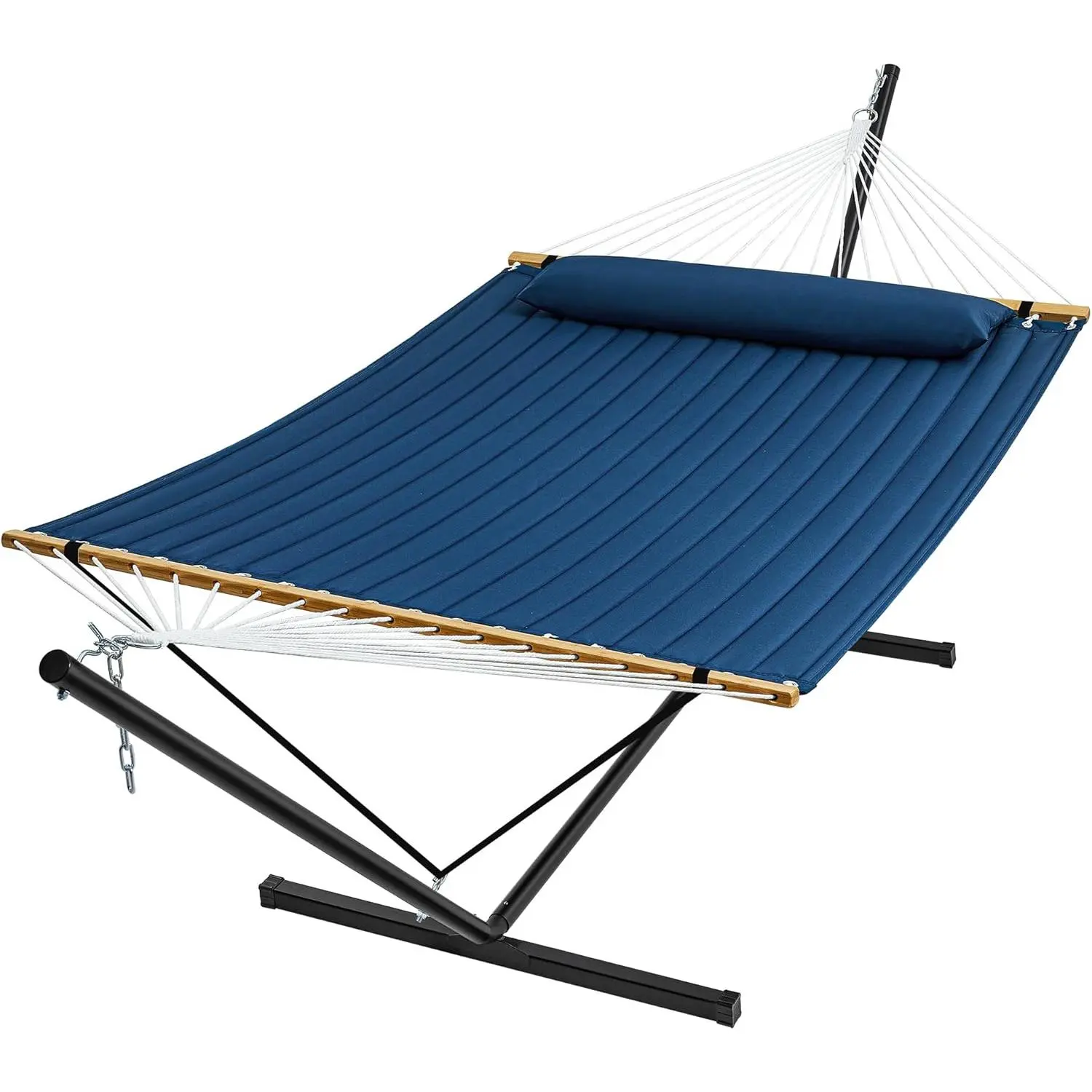 Hammock with Stand, 2 Person Quilted Outdoor Hammock, Detachable Pillow & Bamboo Spreaders, Portable Hammock with Carrying Bag, Heavy Duty Stand, Perfect for Outside, Patio, Navy Blue
