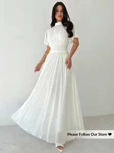 Women's New Summer Elegant Romantic Style Daily Commute Beach Vacation Mesh Dress, High Waist Zipper A-Line Skirt, Bell Sleeve Long Dress