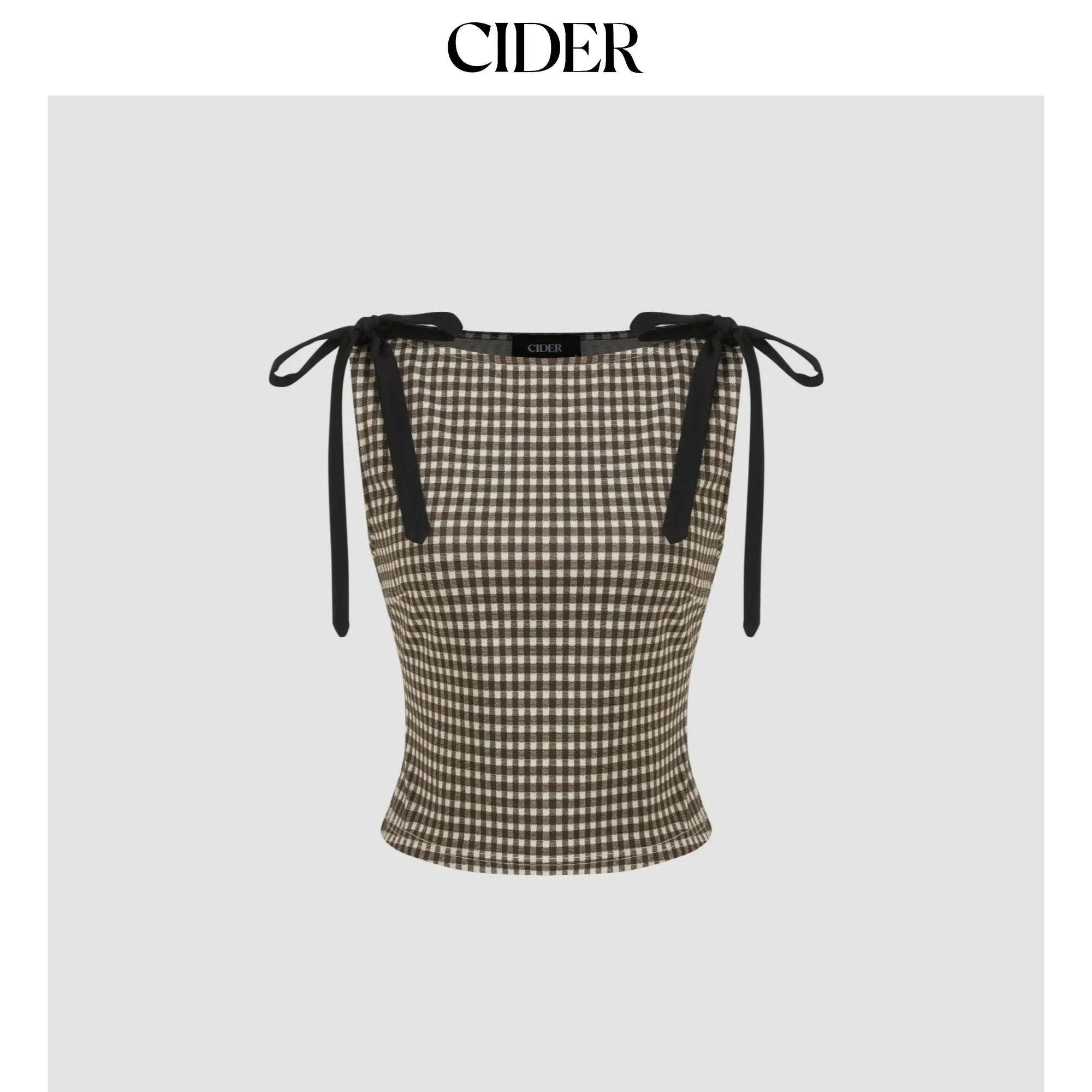 Cider Jacquard Boat Neck Gingham Bowknot Tank Top
