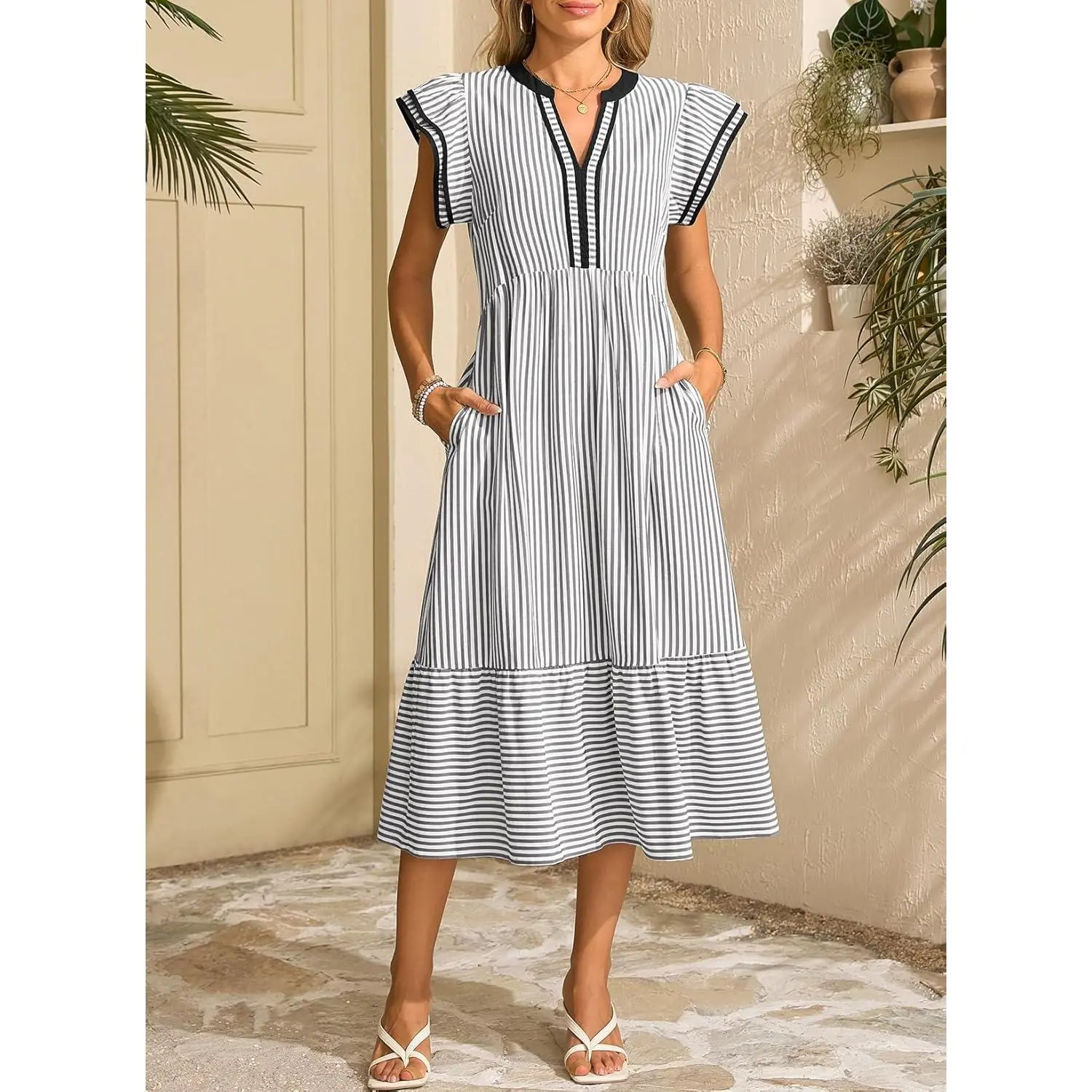 Women's Cute Striped V-Neck Ruffle Cap Sleeve Flowy Midi Sundress - Casual Wear, Smooth Soft Lightweight Elegant Shirt Dress with Pockets, 2XL=US 20-22, for Beach Family Pictures, Teacher Fashion