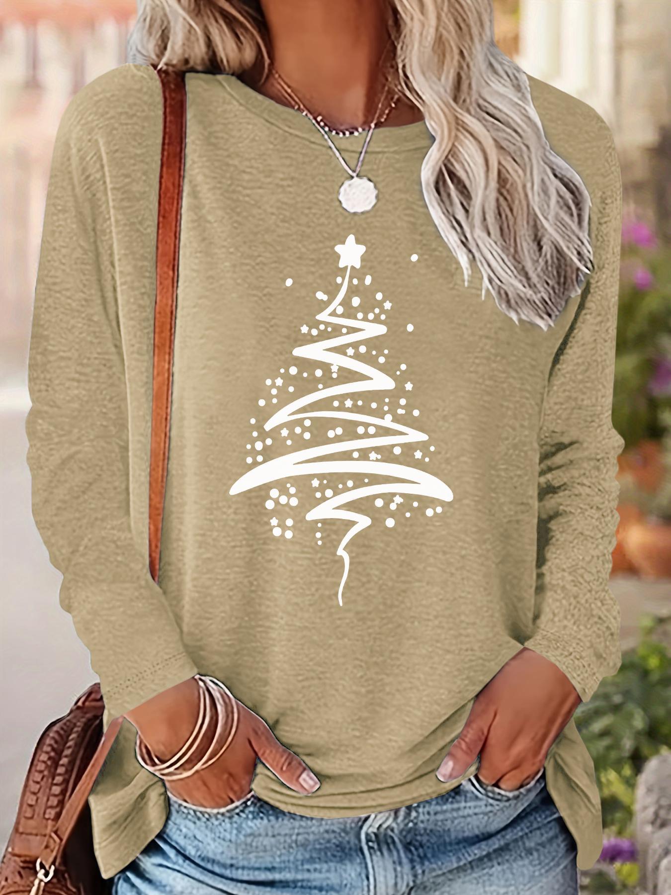 Women's Christmas Tree Print Drop Shoulder Fitted T-shirt, Casual Long Sleeve Round Neck Pullover for Fall & Winter, Ladies Clothes for Daily Wear