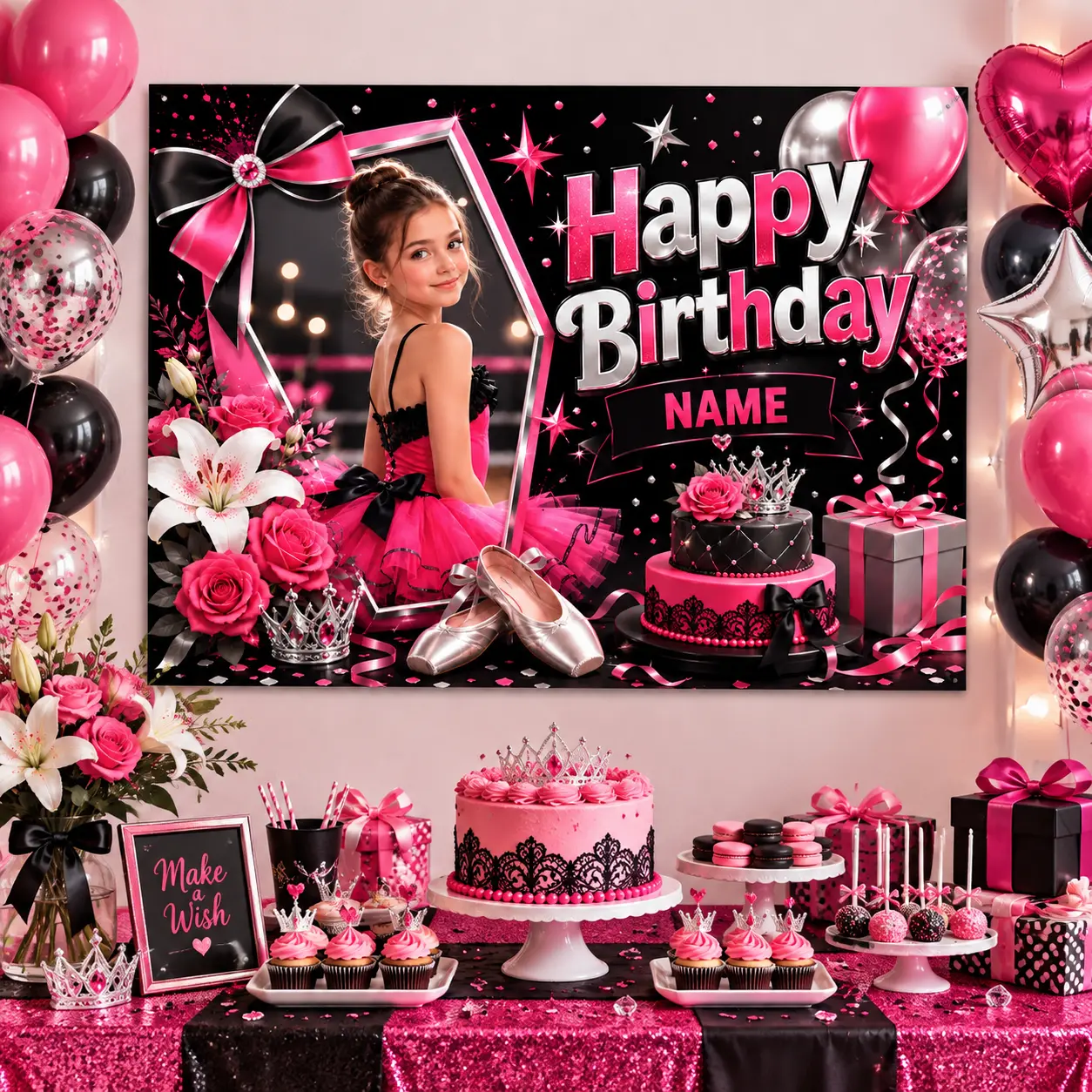 Custom Photo & Name Birthday Backdrop, Black Hot Pink Ballerina Ballet Shoes Roses Bow Cake Gifts Glam Dance Party Decor