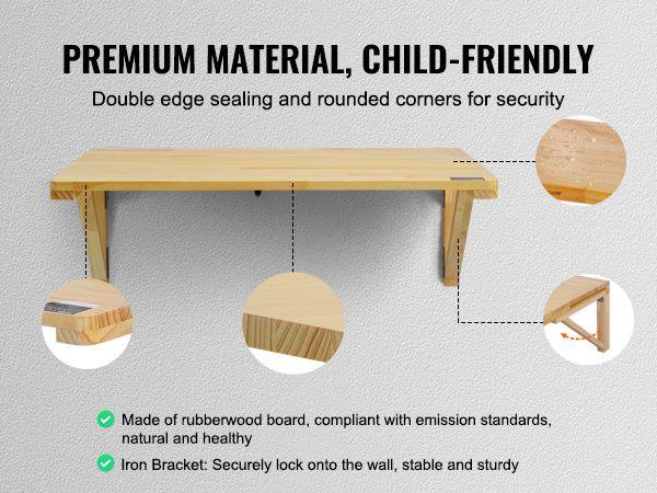 TikTokShopBlackFridayVEVOR Wall Mounted Folding Table, 31.5" x 23.62" Wall Mount Drop Leaf Table, Wooden Floating Desk with Iron Bracket, Fold Down Desk for Small Spaces, Home Office, Dining, Laundry Room, Kitchen, Bar