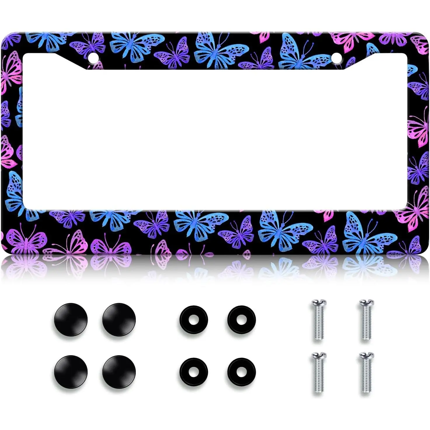 Cute Purple Blue Butterfly License Plate Frame, Colorful Neon Butterflies Car Tag Holder, Black Aluminum Novelty Insect Auto Plate Covers for Front Rear Plates with Screws Caps
