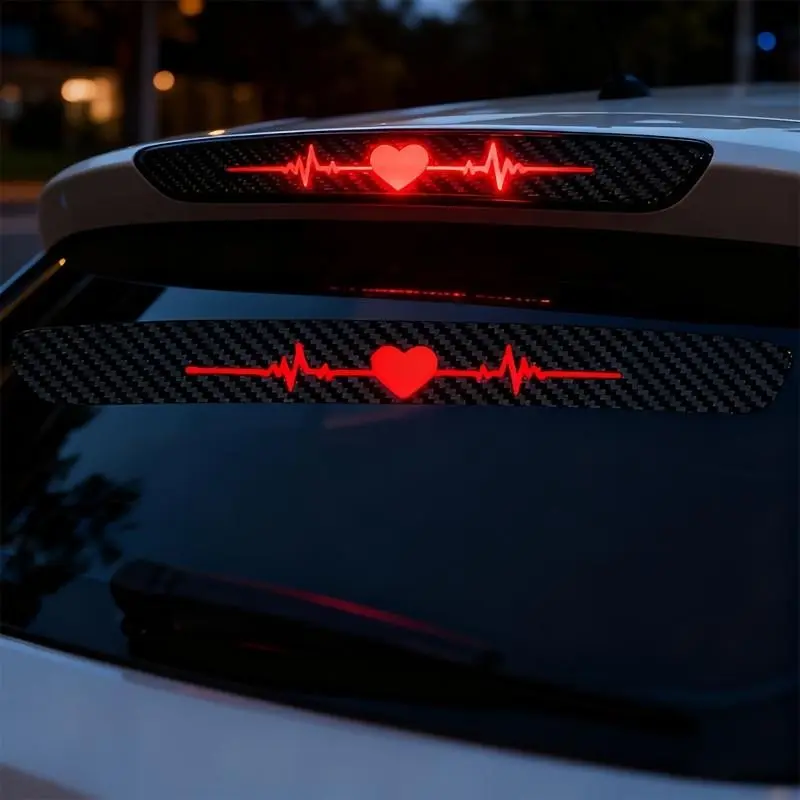 High-Position Brake Light Sticker, Heartbeat Ecg Tail Light Sticker, 3D Carbon Fiber Matte Pattern, Car Safety Warning Label, Vinyl Material