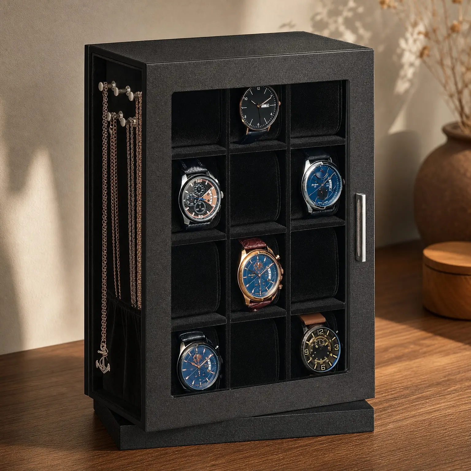 Vertical Rotating Watch Box with Glass Window, 12 Slots, PU Glass Jewelry Display Case, Sunglasses Storage, Gift for Loved Ones, Black(Gift)