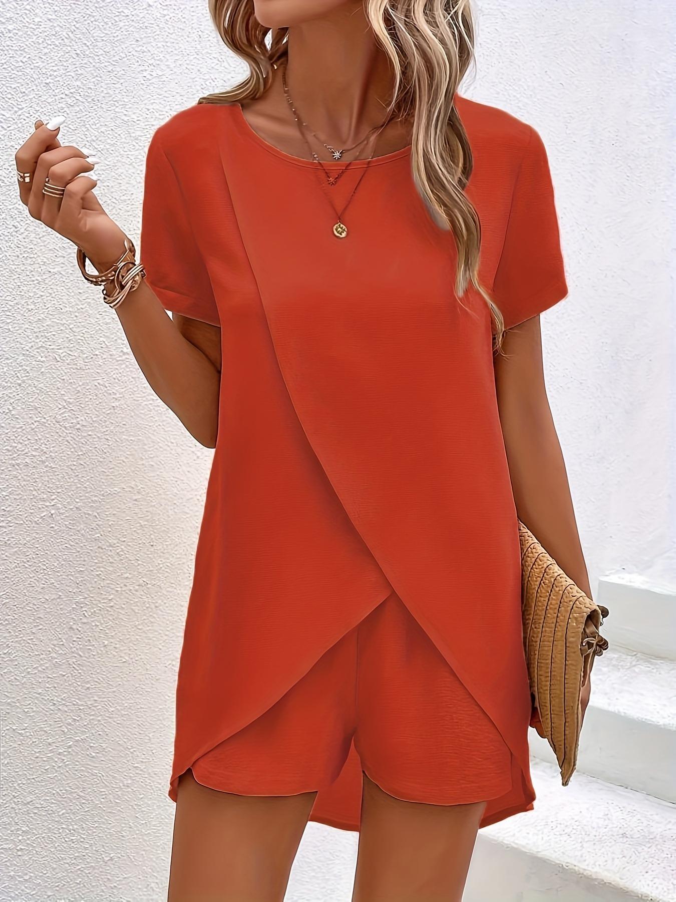 Women's Asymmetrical Hem Tee & Wide Leg Shorts Two-piece Set, Casual Minimalist Short Sleeve Round Neck T-shirt & Elastic Waist Shorts, Ladies Two-piece Outfits for All Seasons, Womenswear
