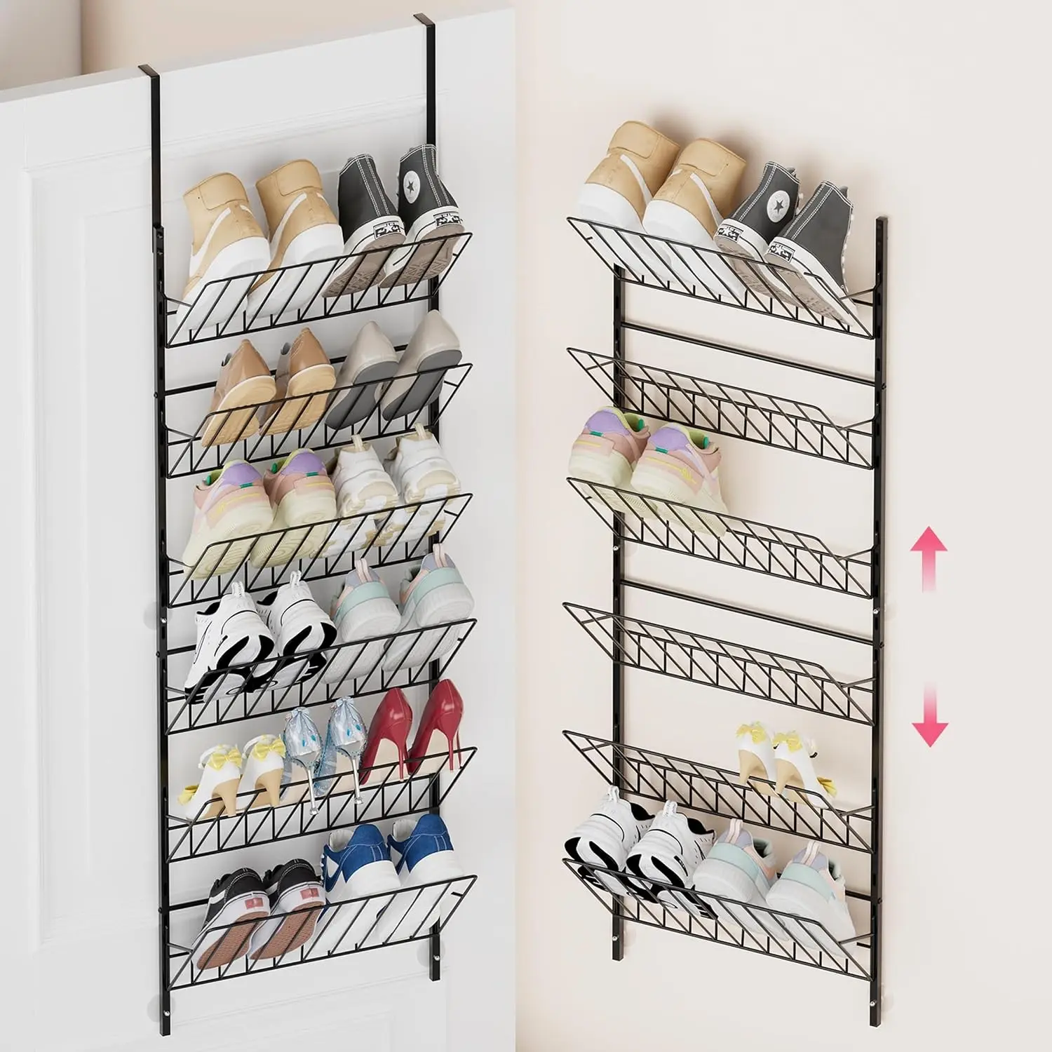 Over the Door Shoe Organizer - Adjustable 6 Tier Hanging Shoe Rack Organizer, Metal Heavy Duty Behind Door Storage or Wall Mount Shoes Shelf for Flats, Heels, Sneakers, Boots