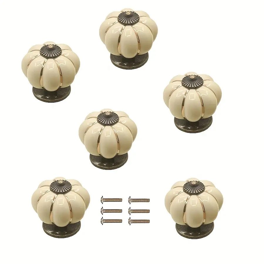 6pcs Vintage Ceramic Pumpkin Cabinet Knobs with Screws, Suitable for Kitchen, Bathroom, Dressing Table, Wardrobe, Ivory Color
