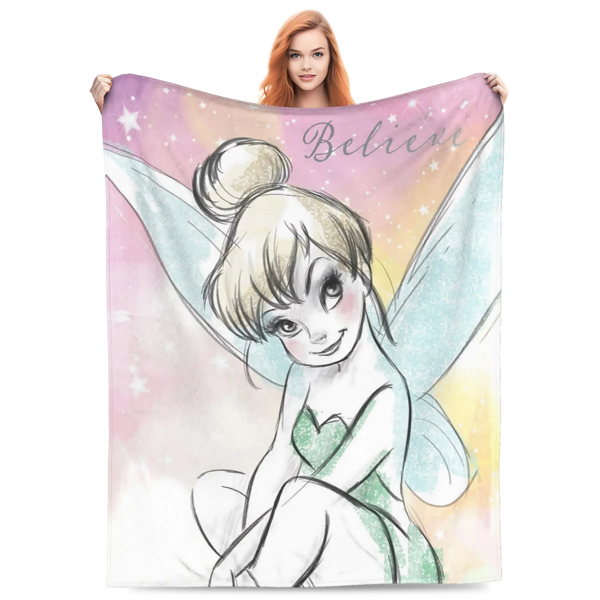 DISNEY CLASSIC Tinker Bell Believe Sketch Throw Blanket, Pastel Pink Yellow Gradient Star Fairy Sketch Print Flannel Fleece Blanket Soft Cozy Blanket for Sofa Bed Gift for Girls