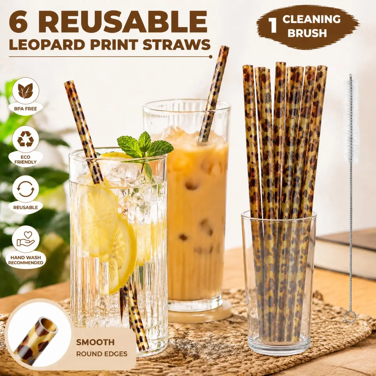 6 Pack Reusable Leopard Print Drinking Straws with Cleaning Brush, BPA Free Plastic Reusable Straws, Fashion Pattern Straws for Iced Coffee, Smoothie, Cocktail, Home Party Drinks