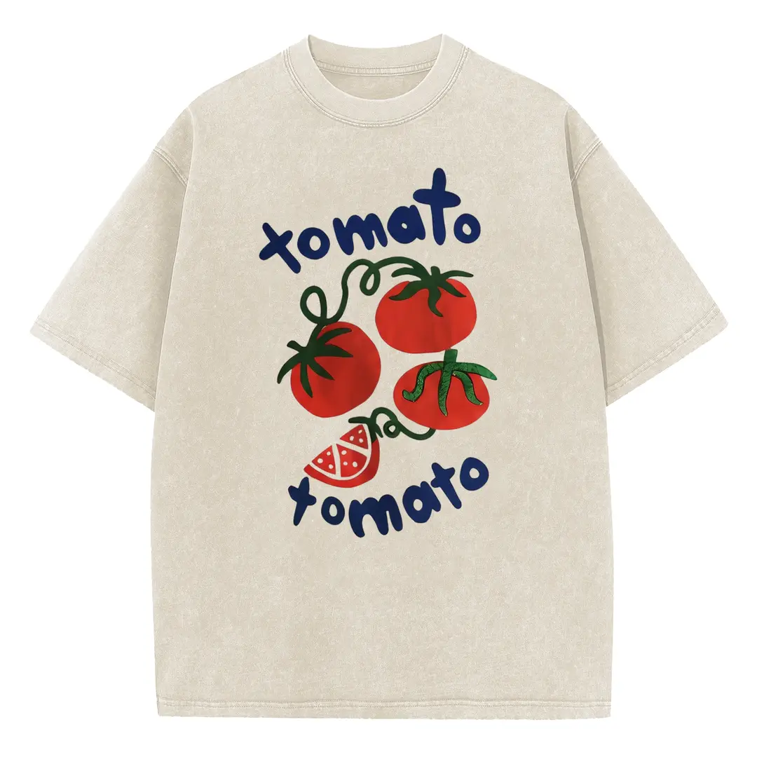 Holafish Women’s Comfortable Short-Sleeve Round Neck Acid Washed "Tomato" Print T-Shirt - Drop Shoulder, Loose Baggy Fit, Casual Travel Fashion Top for Daily Wear, Shortsleeve, TshirtBack To School