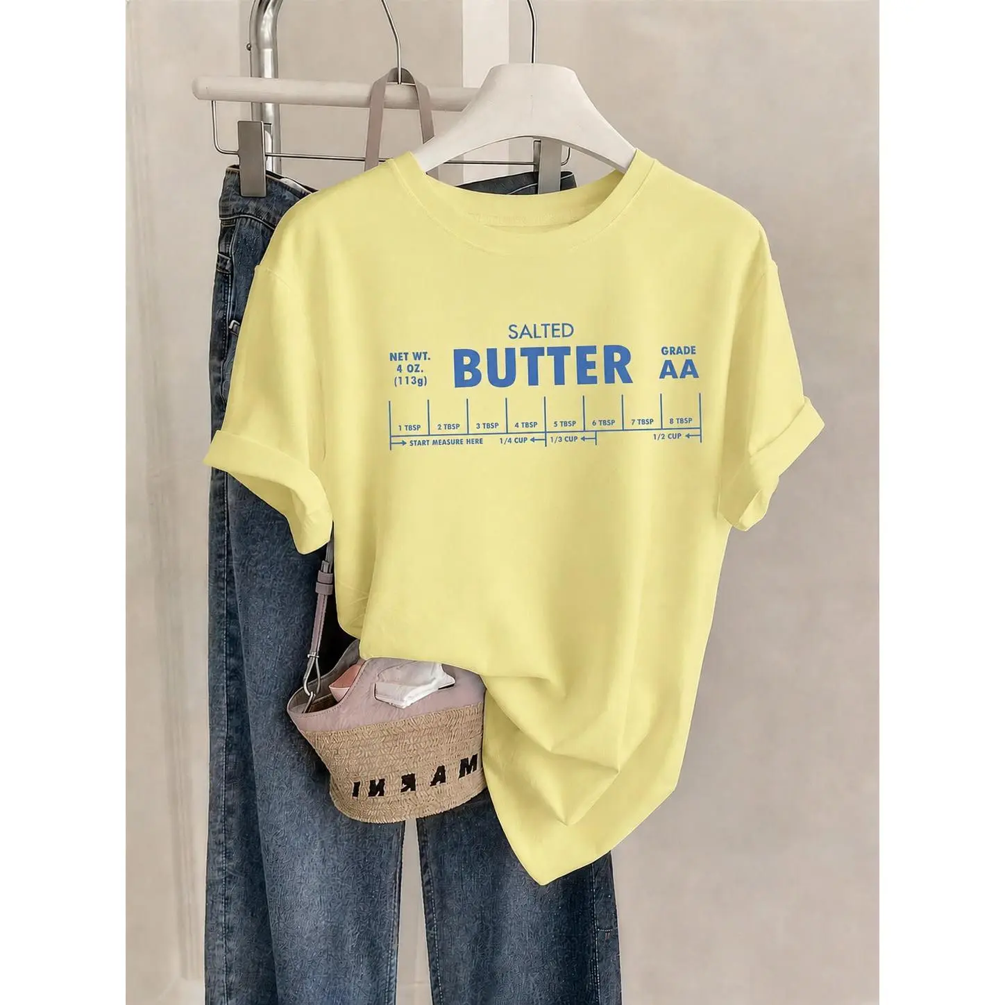 Women's Salted Butter Graphic T-Shirt, Casual Crew Neck Short Sleeve Tee, Soft Cotton Blend, Breathable Fabric, Pastel Yellow Color