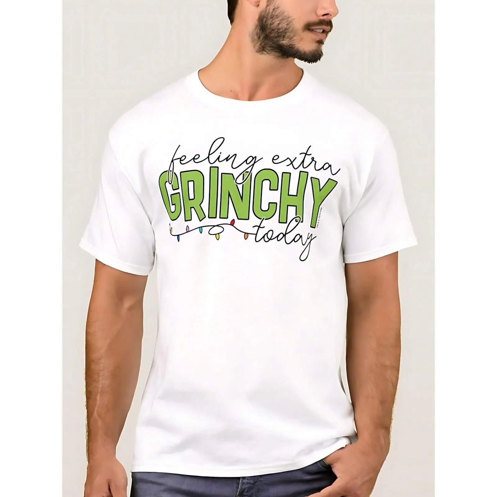 Feeling Extra Grinchy Today T‑Shirt for Men, Funny Christmas Lights Graphic Tee, Holiday Humor Casual Short Sleeve Top