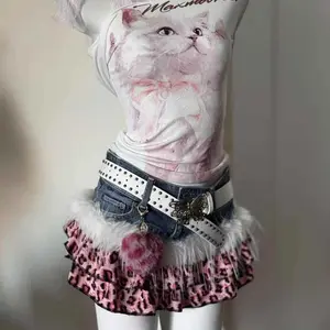 Y2k  Leopard Mini Skirt Patchwork Denim American Vintage 2000s Sexy Subculture Harajuku Streetwear Style Random Denim Summer