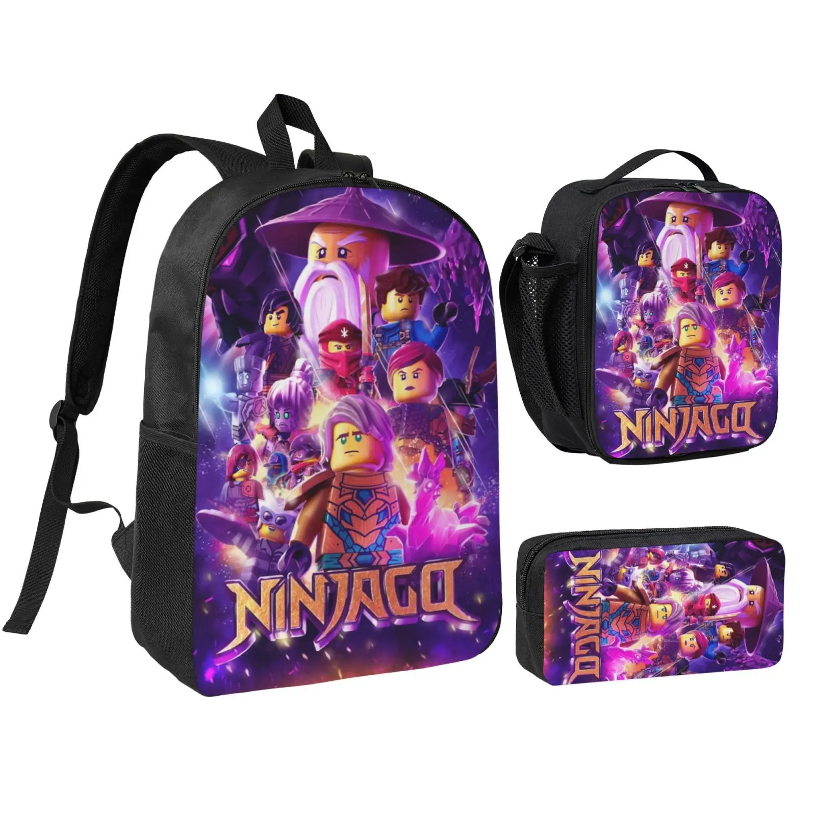 Anime Ninjago 3Pcs School Backpack Set for Teen Boys Girls, Adjustable Shoulder Straps Lightweight Bookbag with Insulated Lunch Bag & Pencil Case, School bag, Travel Office Daily Bag