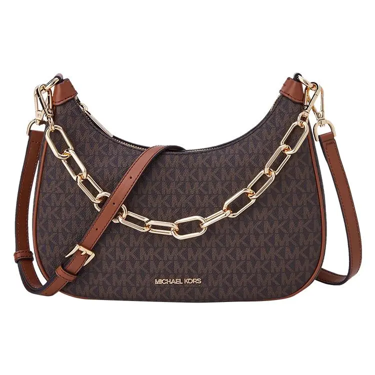 Michael Kors MK Cora Chain-Print Crossbody Shoulder Bag for Women, Classic Commuter Style in Dark Brown and Acorn Brown