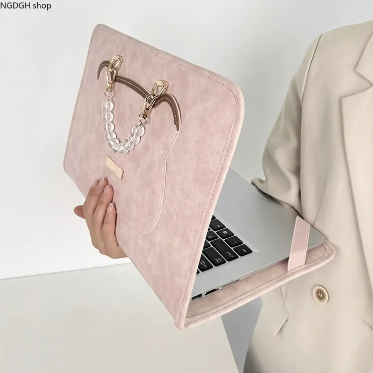 Chic Faux Suede Computer Laptop Sleeve Bag - Lightweight Protection Cover with Pearl Chain Charm Handle for Office & Travel, Sport & Outdoor On-the-Go Use, Computer Sleeve, Chic Pearl Detail