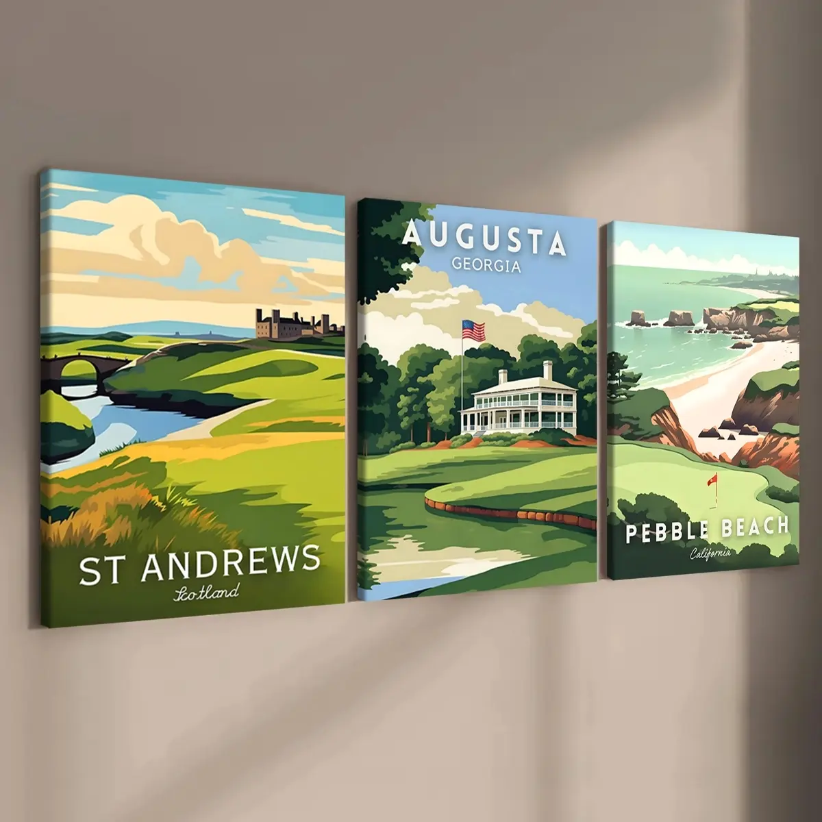 Golf Course Pattern Wooden Framed Canvas Painting, 3 Counts/set Modern Art Fashion Decoration, Wall Art for Home Living Room Bedroom Office